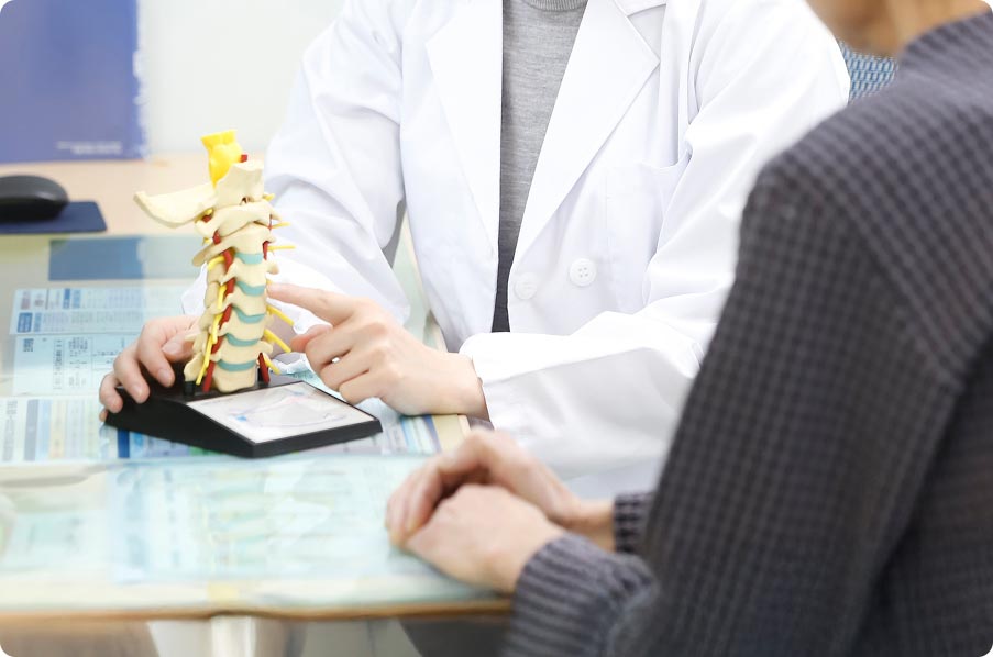 診察の様子 医者が背骨の模型を使って患者に説明をしている